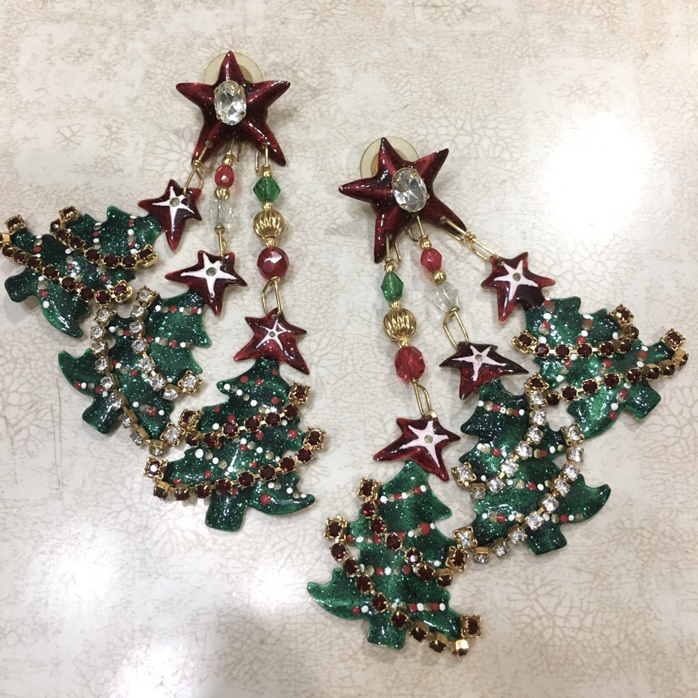 Vintage, Collectible,  “Lunch at the Ritz” Christmas tree earrings. Pierced.